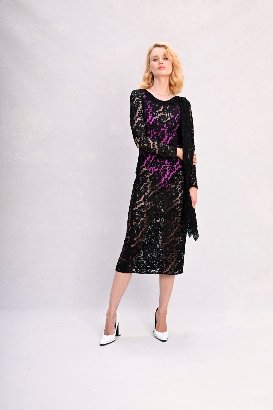 SKYE Dress : Black Stretch Lace Cut On Straight Grain