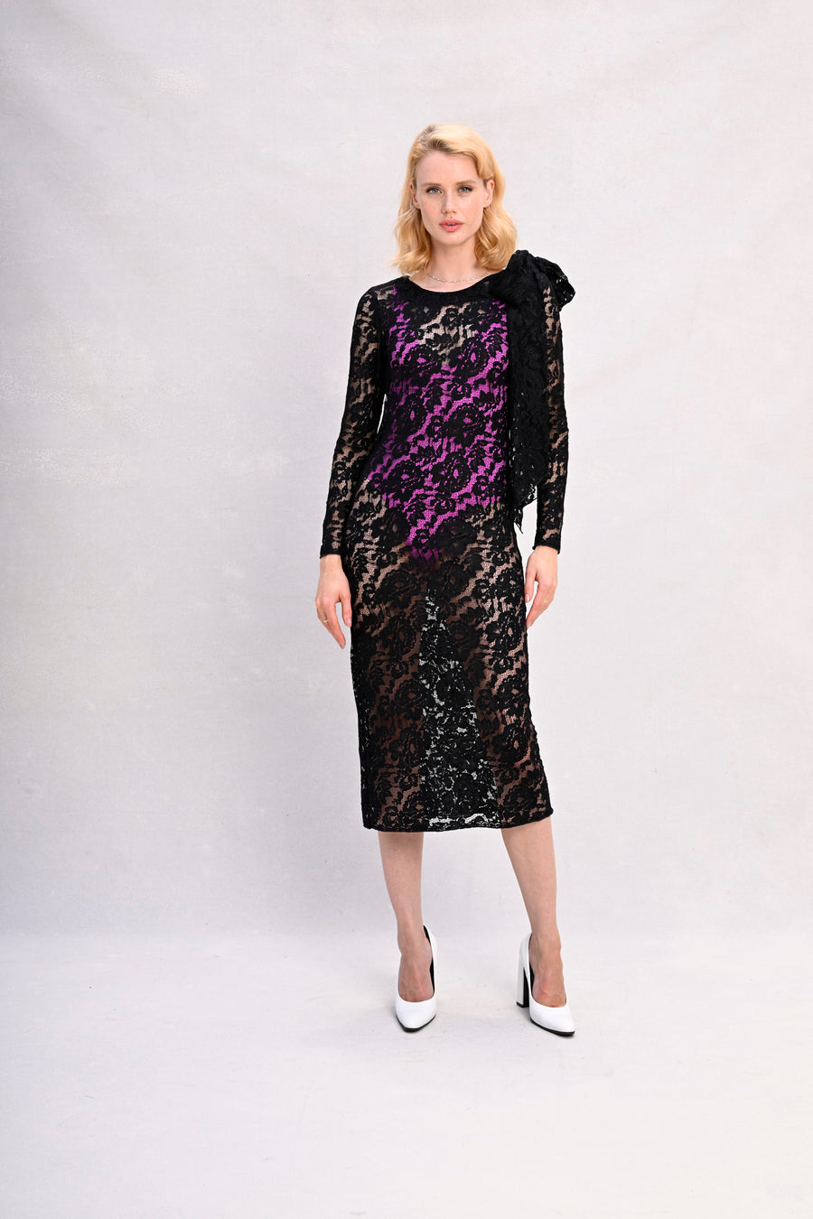 SKYE Dress : Black Stretch Lace Cut On Straight Grain