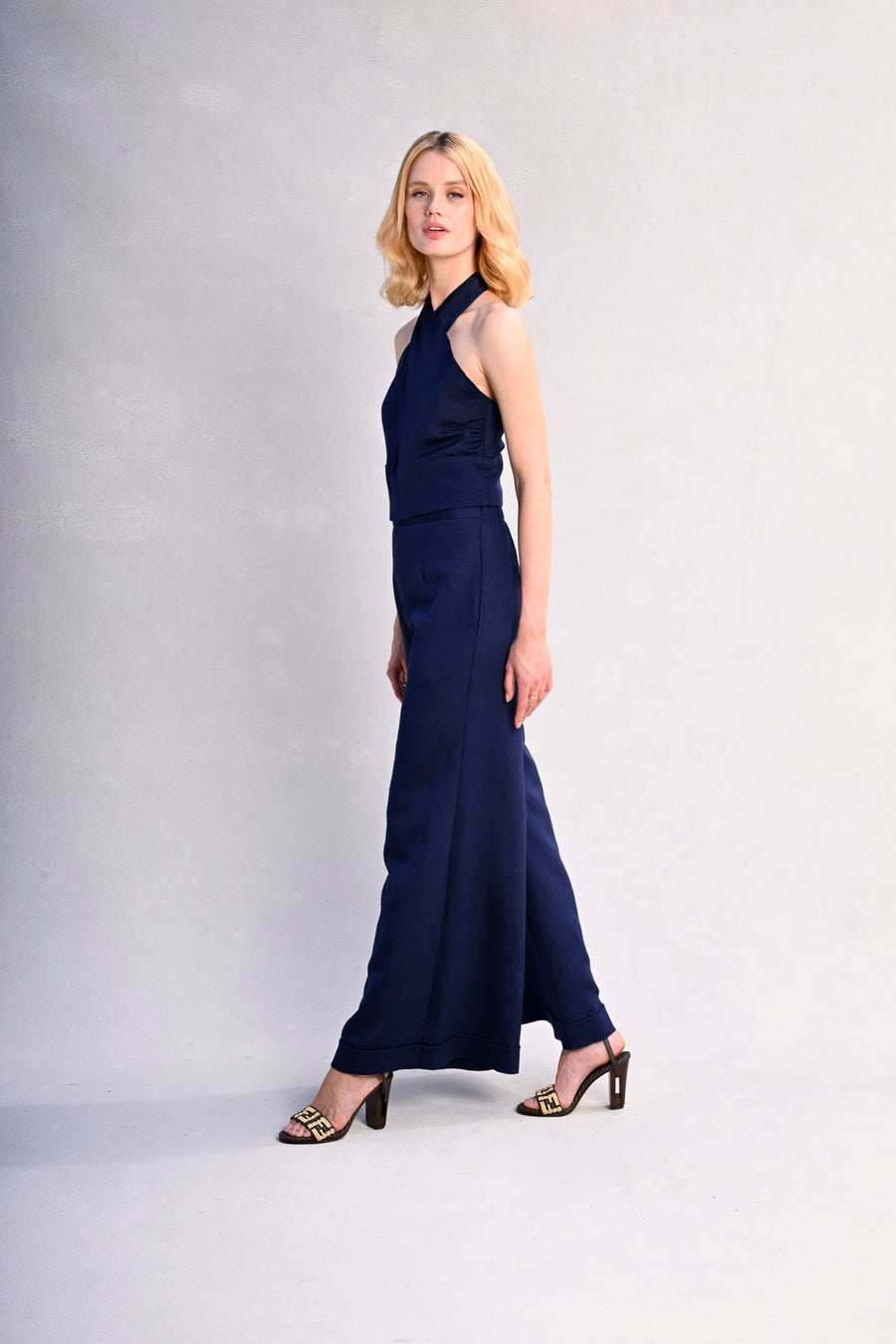 Jojo Palazzo Pants : Navy Silk Linen Blend