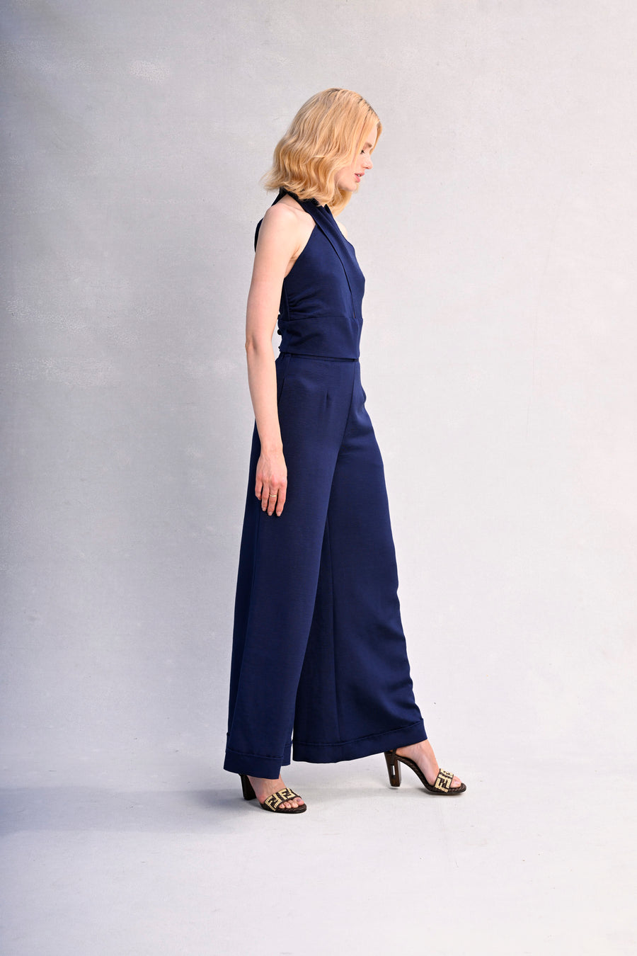 Jojo Palazzo Pants : Navy Silk Linen Blend