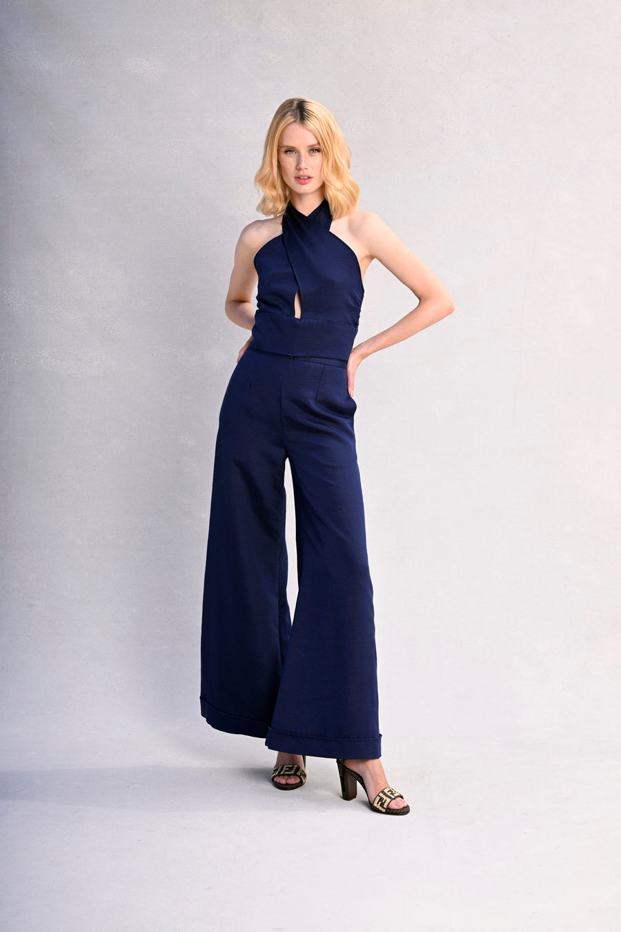 Jojo Palazzo Pants : Navy Silk Linen Blend